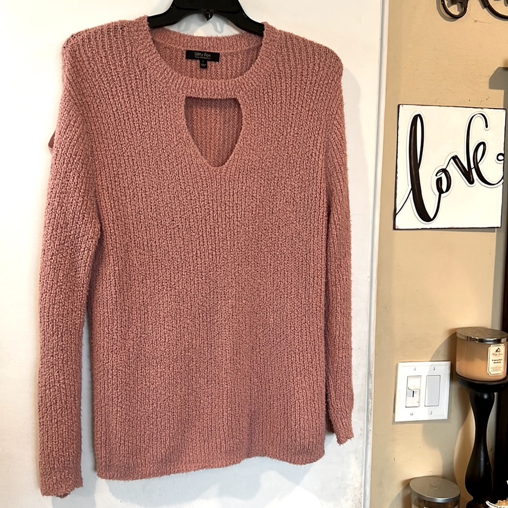 EUC Witty Fox Rose Pink Sweater With Keyhole Neck and Lace Up Sleeves